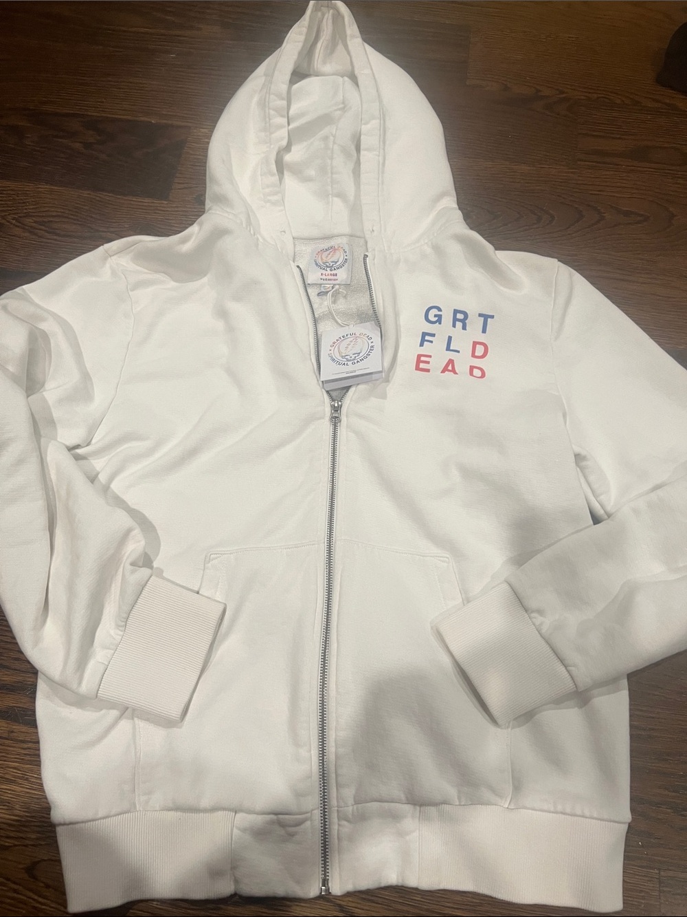 Spiritual Gangster White Zip Hoodie with Red & Blue Lettering